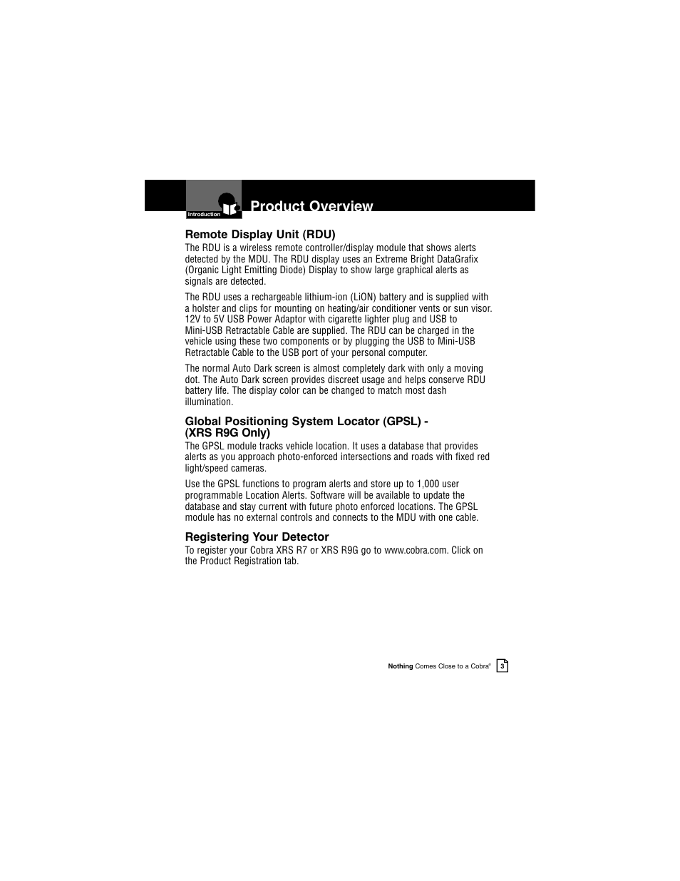 Product overview | Cobra Electronics INTELLILINK XRS R9G User Manual | Page 7 / 49