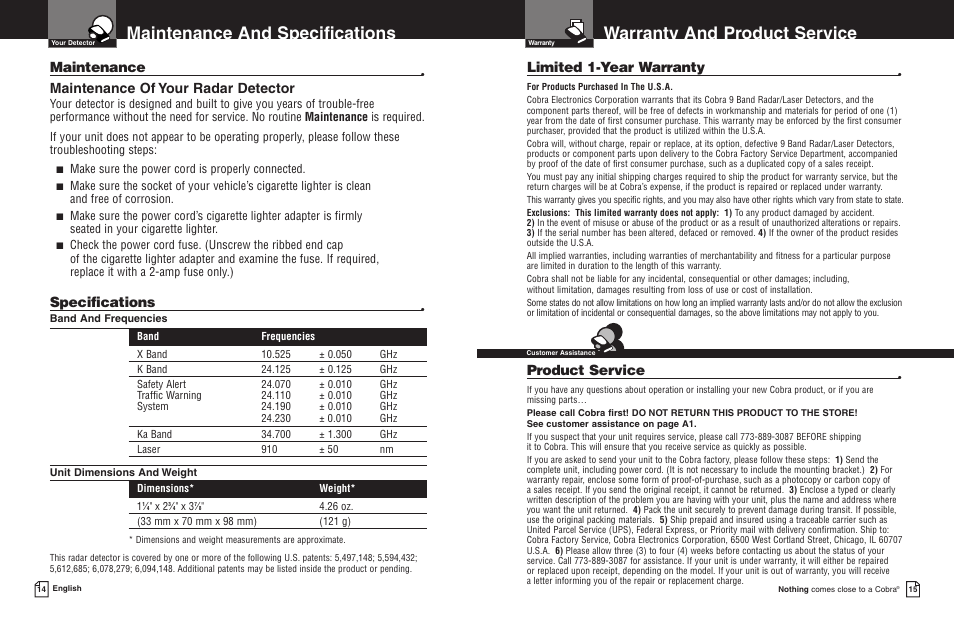 Warranty and product service, Maintenance and specifications, Maintenance | Maintenance of your radar detector, Specifications, Limited 1-year warranty, Product service, Make sure the power cord is properly connected | Cobra Electronics ESD 8200 User Manual | Page 10 / 11