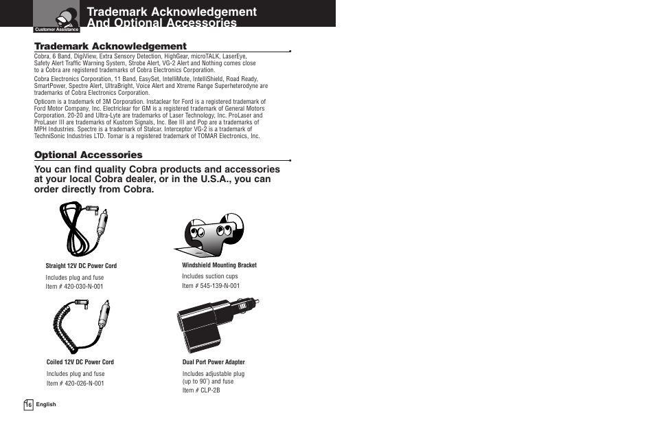 Trademark acknowledgement and optional accessories, Optional accessories | Cobra Electronics ESD 8200 User Manual | Page 11 / 11