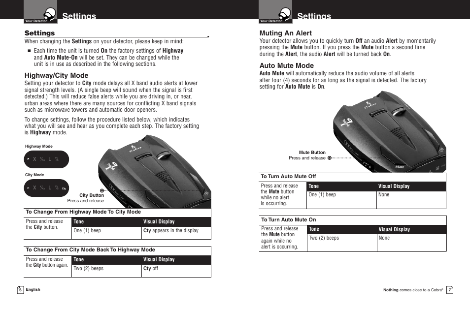 Settings, Highway/city mode, Muting an alert | Auto mute mode | Cobra Electronics ESD 8200 User Manual | Page 6 / 11