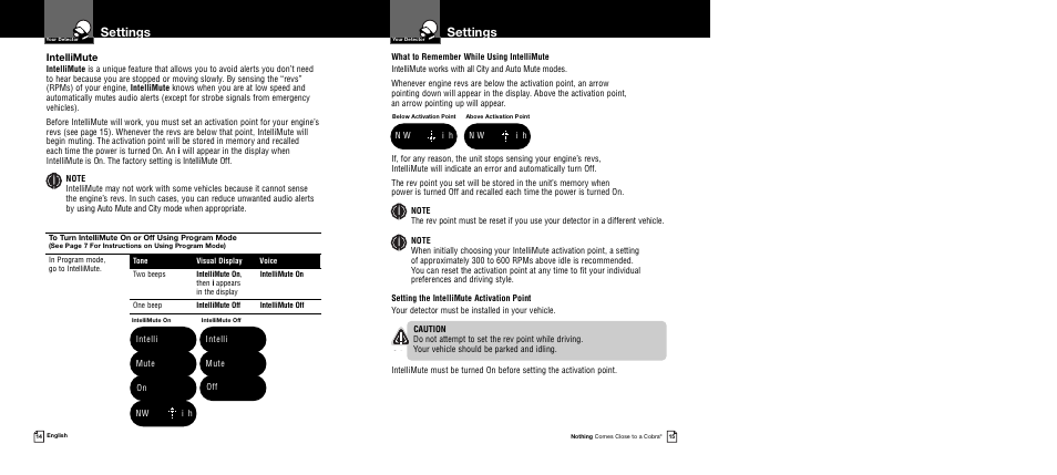 Settings, Intellimute, Nw i h | N w i h, Intelli mute on, Intelli mute off | Cobra Electronics Band Ultra XRS 9745 User Manual | Page 10 / 21
