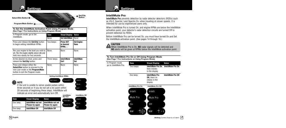 Settings, Intellimute pro, Nw i h | Intelli mute pro on, Intelli mute pro off nw i h | Cobra Electronics Band Ultra XRS 9745 User Manual | Page 11 / 21