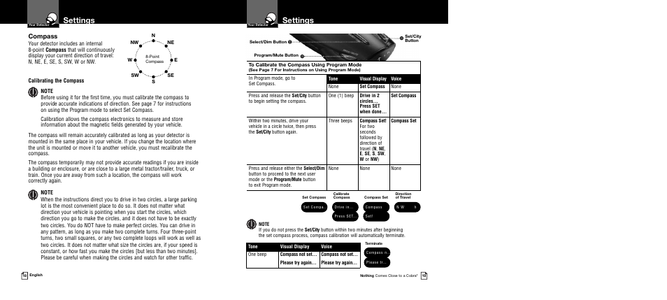 Settings, Compass | Cobra Electronics Band Ultra XRS 9745 User Manual | Page 12 / 21