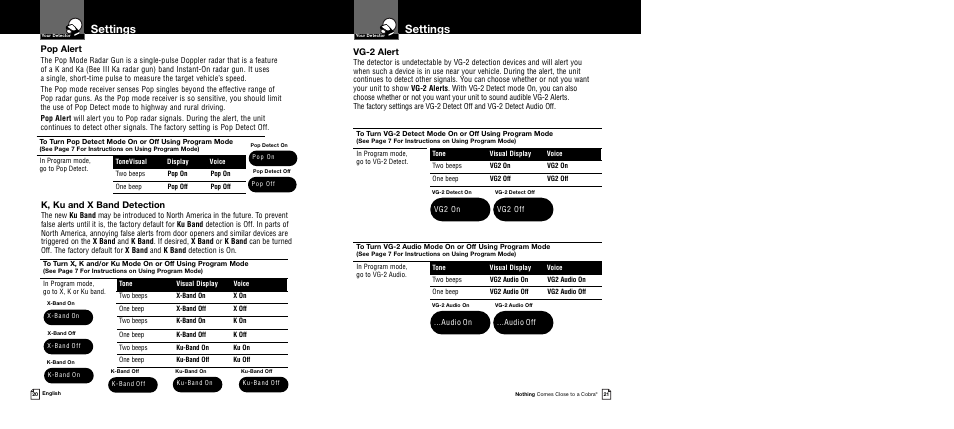 Settings, Vg-2 alert, Pop alert | K, ku and x band detection | Cobra Electronics Band Ultra XRS 9745 User Manual | Page 13 / 21