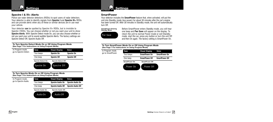 Settings, Smartpower, Spectre i & iv+ alerts | Cobra Electronics Band Ultra XRS 9745 User Manual | Page 14 / 21