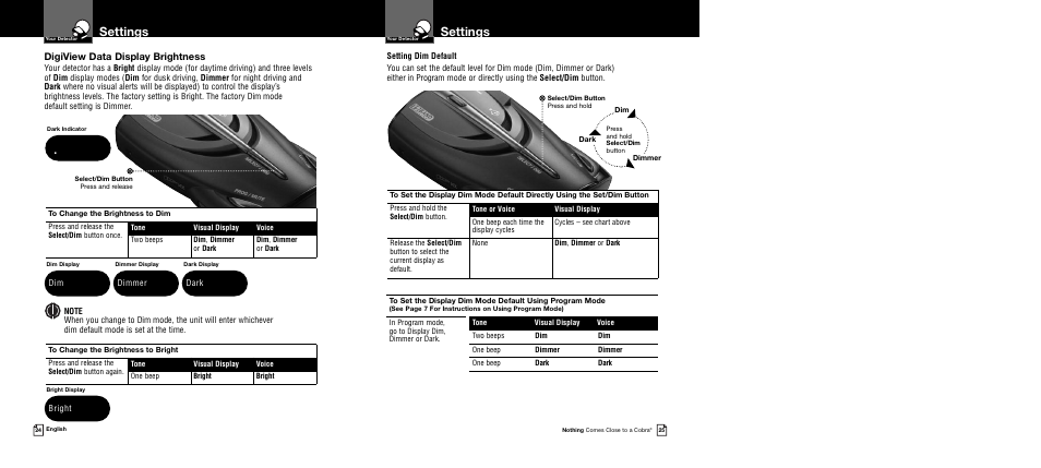 Settings, Digiview data display brightness | Cobra Electronics Band Ultra XRS 9745 User Manual | Page 15 / 21