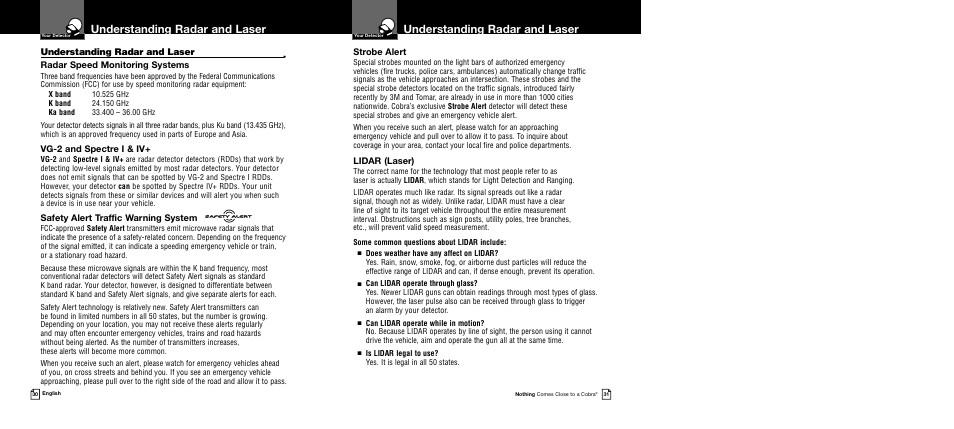 Understanding radar and laser, Strobe alert, Lidar (laser) | Radar speed monitoring systems, Vg-2 and spectre i & iv, Safety alert traffic warning system | Cobra Electronics Band Ultra XRS 9745 User Manual | Page 18 / 21