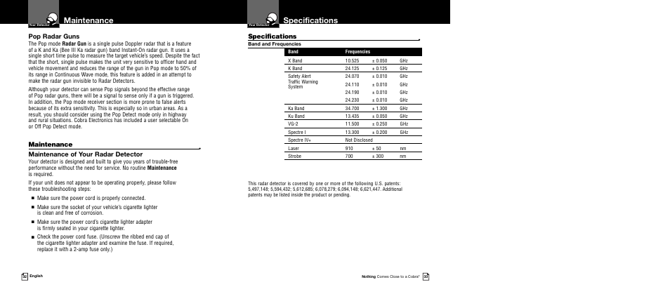 Specifications, Maintenance, Pop radar guns | Maintenance of your radar detector | Cobra Electronics Band Ultra XRS 9745 User Manual | Page 19 / 21