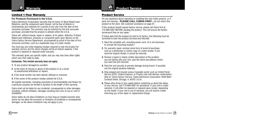 Product service, Warranty, Limited 1-year warranty | Cobra Electronics Band Ultra XRS 9745 User Manual | Page 20 / 21