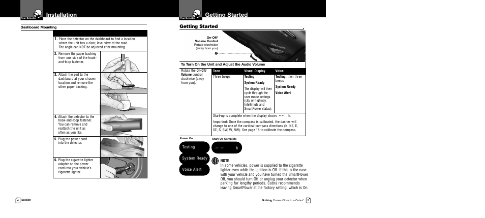 Getting started, Installation, System ready voice alert | Testing | Cobra Electronics Band Ultra XRS 9745 User Manual | Page 5 / 21