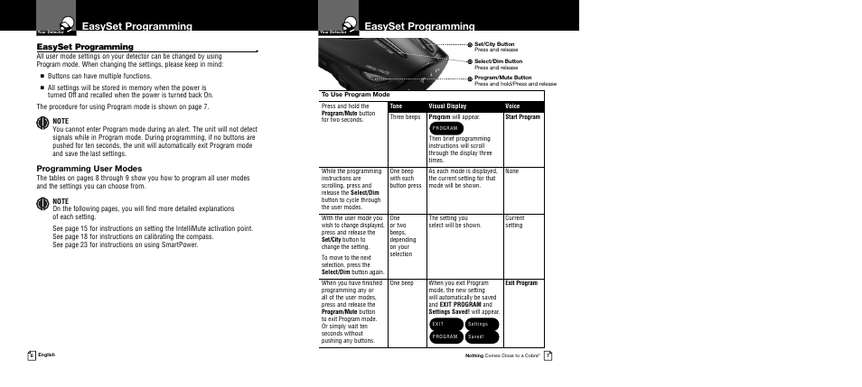 Easyset programming, Programming user modes, Buttons can have multiple functions | Cobra Electronics Band Ultra XRS 9745 User Manual | Page 6 / 21