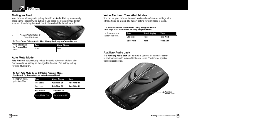 Settings, Auxiliary audio jack, Voice alert and tone alert modes | Muting an alert, Auto mute mode | Cobra Electronics Band Ultra XRS 9745 User Manual | Page 9 / 21