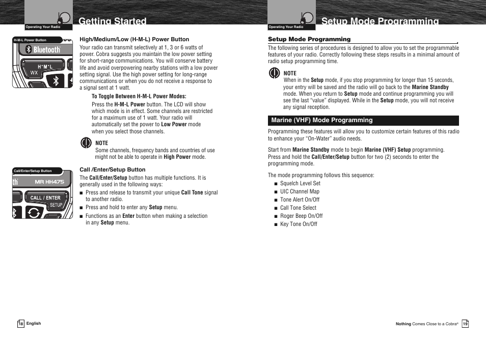 Setup mode programming, Getting started | Cobra Electronics COBRA MARINE MR HH475 User Manual | Page 12 / 41