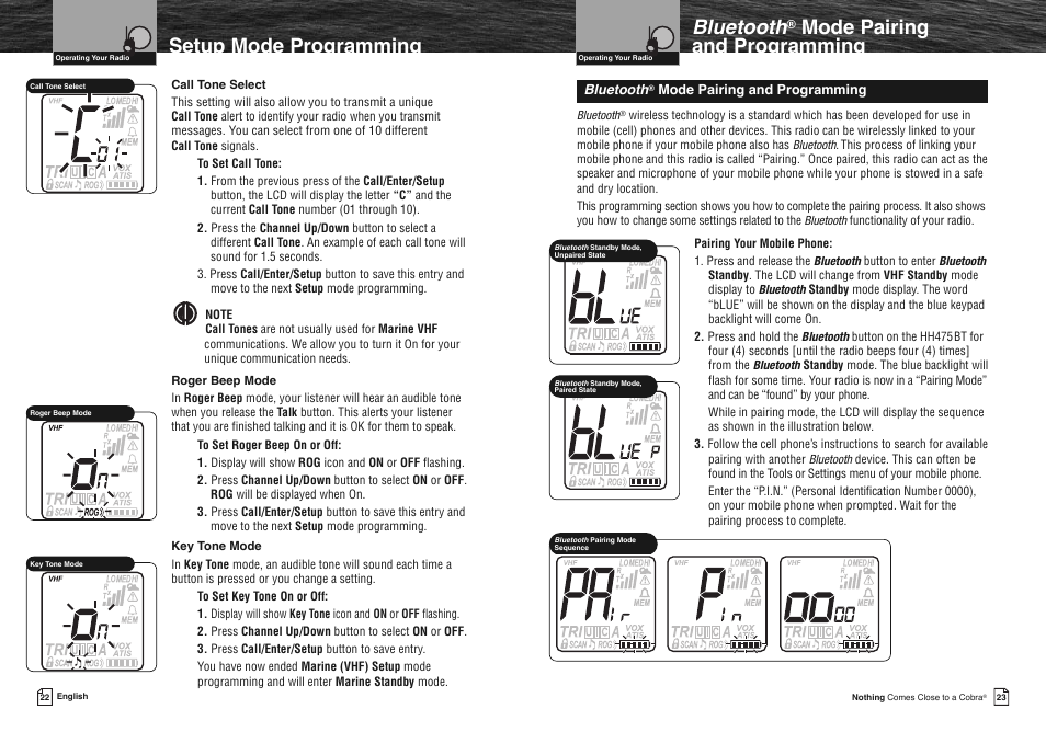 Setup mode programming, Bluetooth, Mode pairing and programming | Cobra Electronics COBRA MARINE MR HH475 User Manual | Page 14 / 41