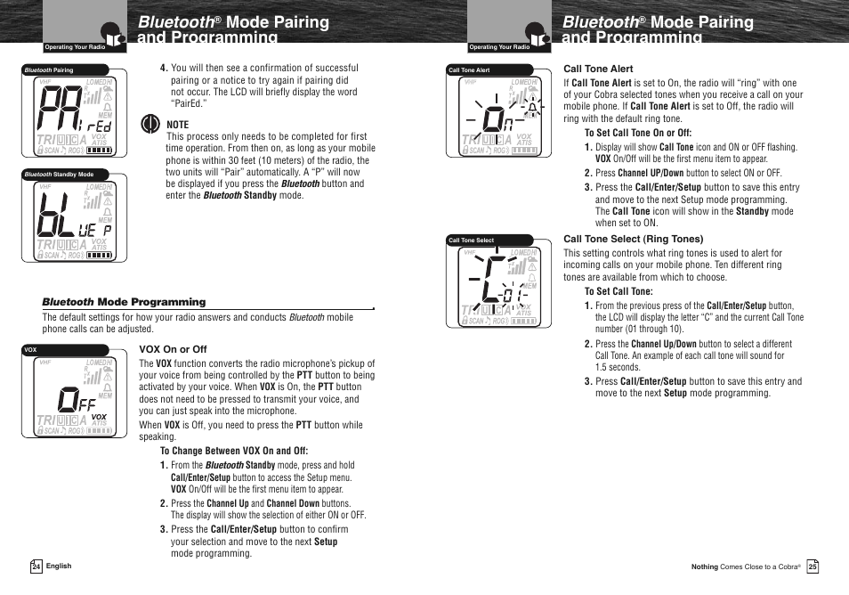 Bluetooth, Mode pairing and programming | Cobra Electronics COBRA MARINE MR HH475 User Manual | Page 15 / 41