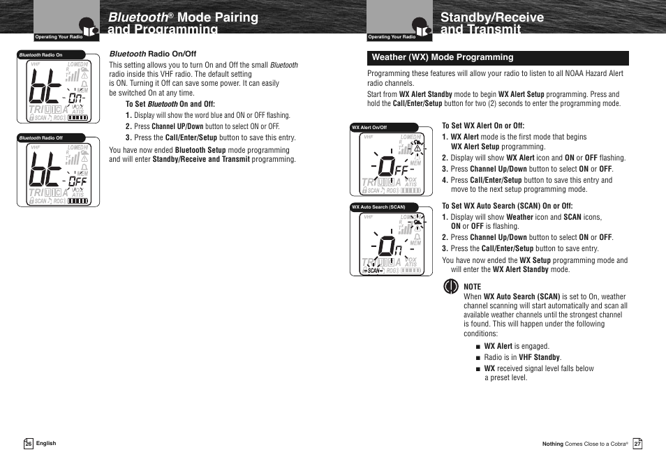 Standby/receive and transmit, Bluetooth, Mode pairing and programming | Cobra Electronics COBRA MARINE MR HH475 User Manual | Page 16 / 41