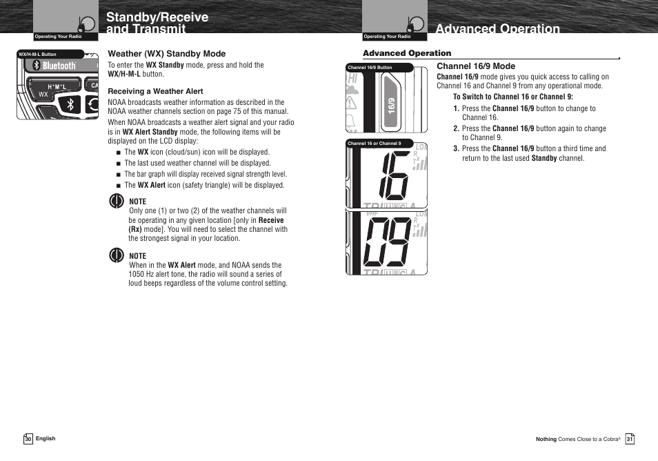 Standby/receive and transmit, Advanced operation | Cobra Electronics COBRA MARINE MR HH475 User Manual | Page 18 / 41