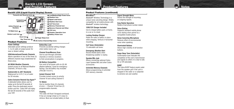 Backlit lcd screen and product features, Product features | Cobra Electronics COBRA MARINE MR HH475 User Manual | Page 2 / 41
