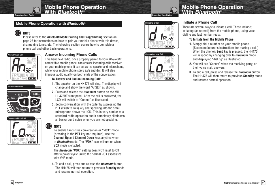 Mobile phone operation with bluetooth | Cobra Electronics COBRA MARINE MR HH475 User Manual | Page 23 / 41