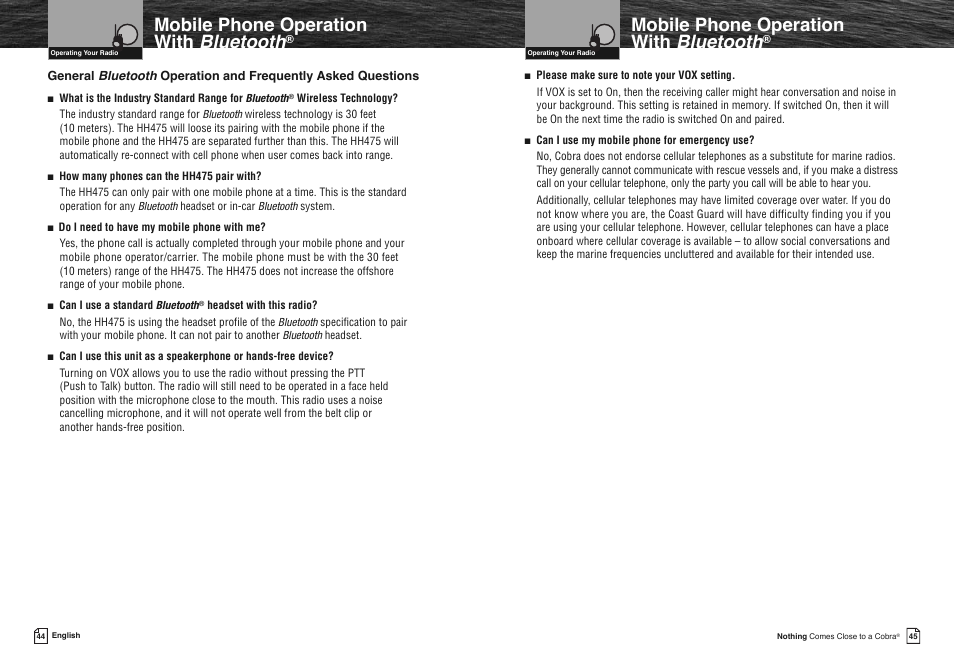 Mobile phone operation with bluetooth | Cobra Electronics COBRA MARINE MR HH475 User Manual | Page 25 / 41