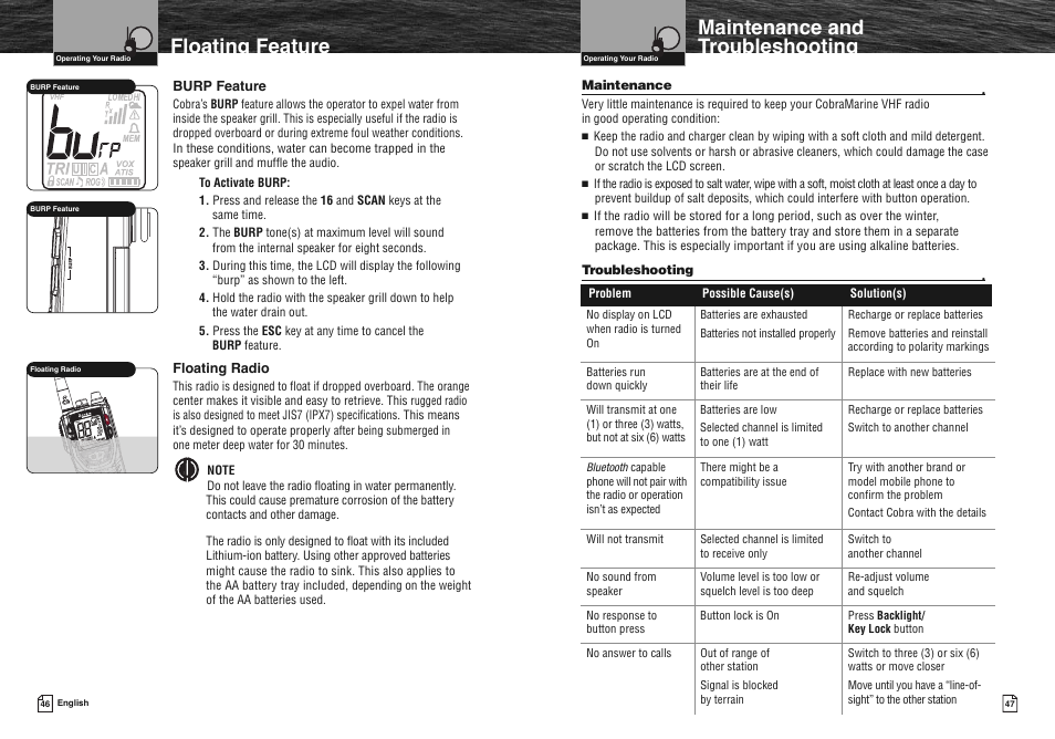 Maintenance and troubleshooting, Floating feature | Cobra Electronics COBRA MARINE MR HH475 User Manual | Page 26 / 41