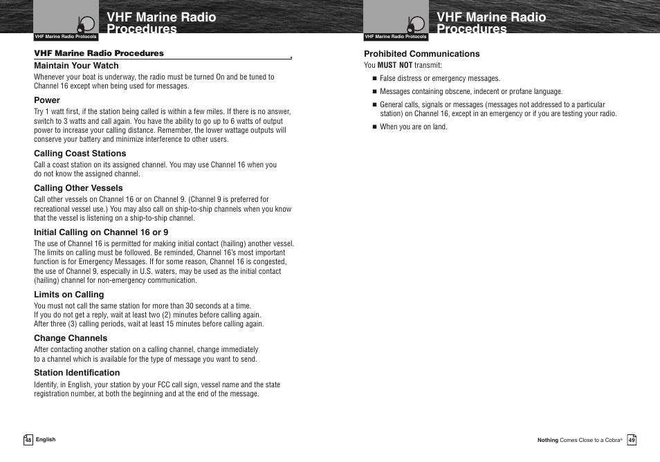 Vhf marine radio procedures | Cobra Electronics COBRA MARINE MR HH475 User Manual | Page 27 / 41