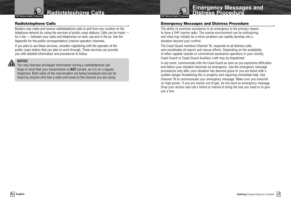 Emergency messages and distress procedure, Radiotelephone calls | Cobra Electronics COBRA MARINE MR HH475 User Manual | Page 29 / 41