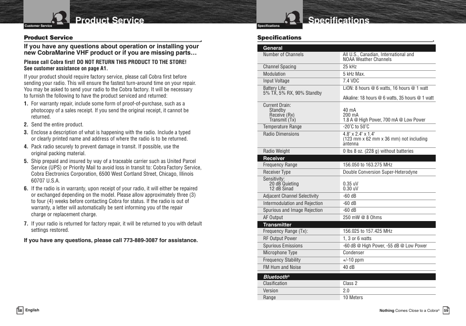 Specifications, Product service | Cobra Electronics COBRA MARINE MR HH475 User Manual | Page 32 / 41