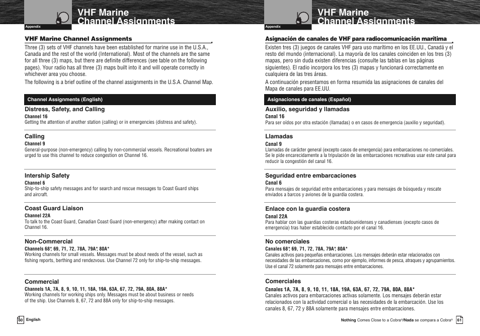 Vhf marine channel assignments | Cobra Electronics COBRA MARINE MR HH475 User Manual | Page 33 / 41