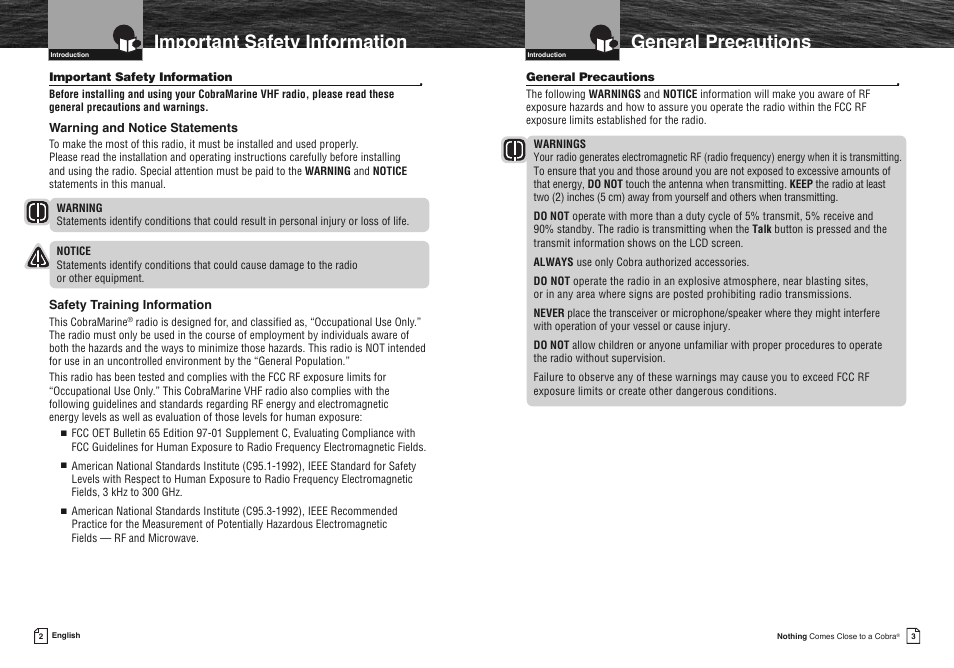 General precautions, Important safety information | Cobra Electronics COBRA MARINE MR HH475 User Manual | Page 4 / 41