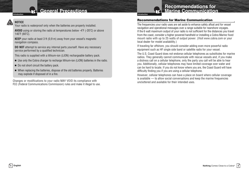 Recommendations for marine communication, General precautions | Cobra Electronics COBRA MARINE MR HH475 User Manual | Page 5 / 41