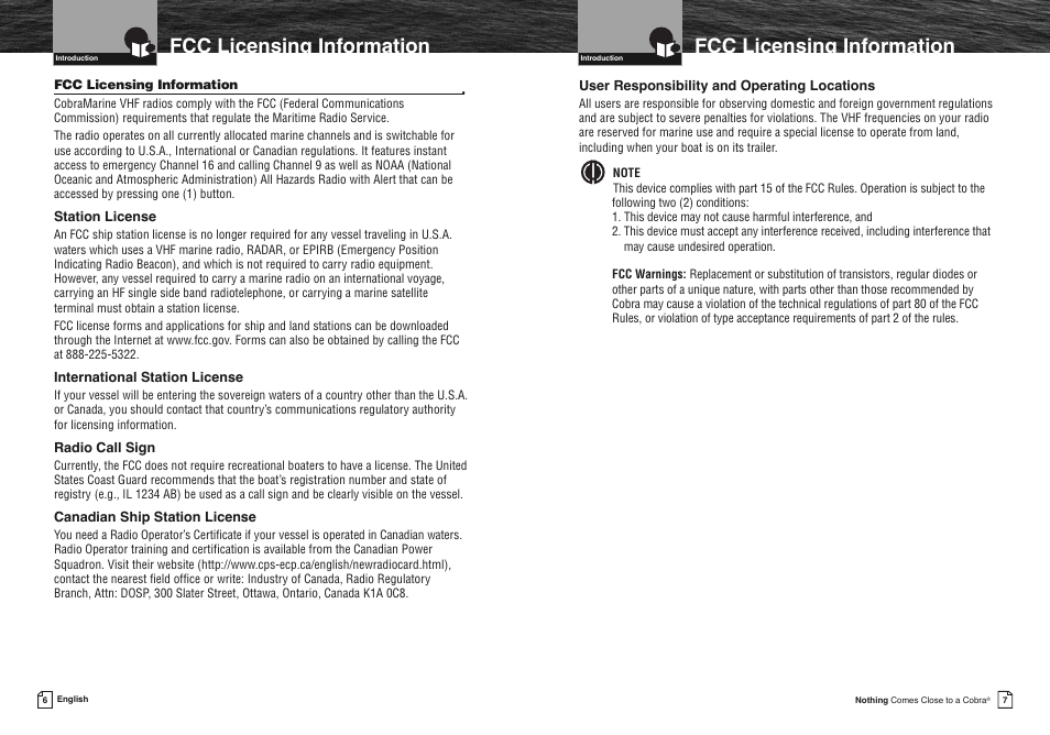 Fcc licensing information | Cobra Electronics COBRA MARINE MR HH475 User Manual | Page 6 / 41