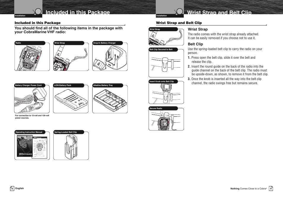 Wrist strap and belt clip, Included in this package, Wrist strap | Belt clip | Cobra Electronics COBRA MARINE MR HH475 User Manual | Page 7 / 41