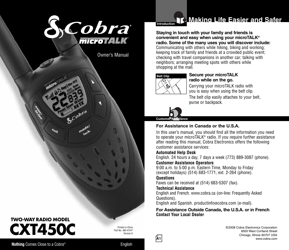 Cobra Electronics MICRO TALK CXT450C User Manual | 16 pages