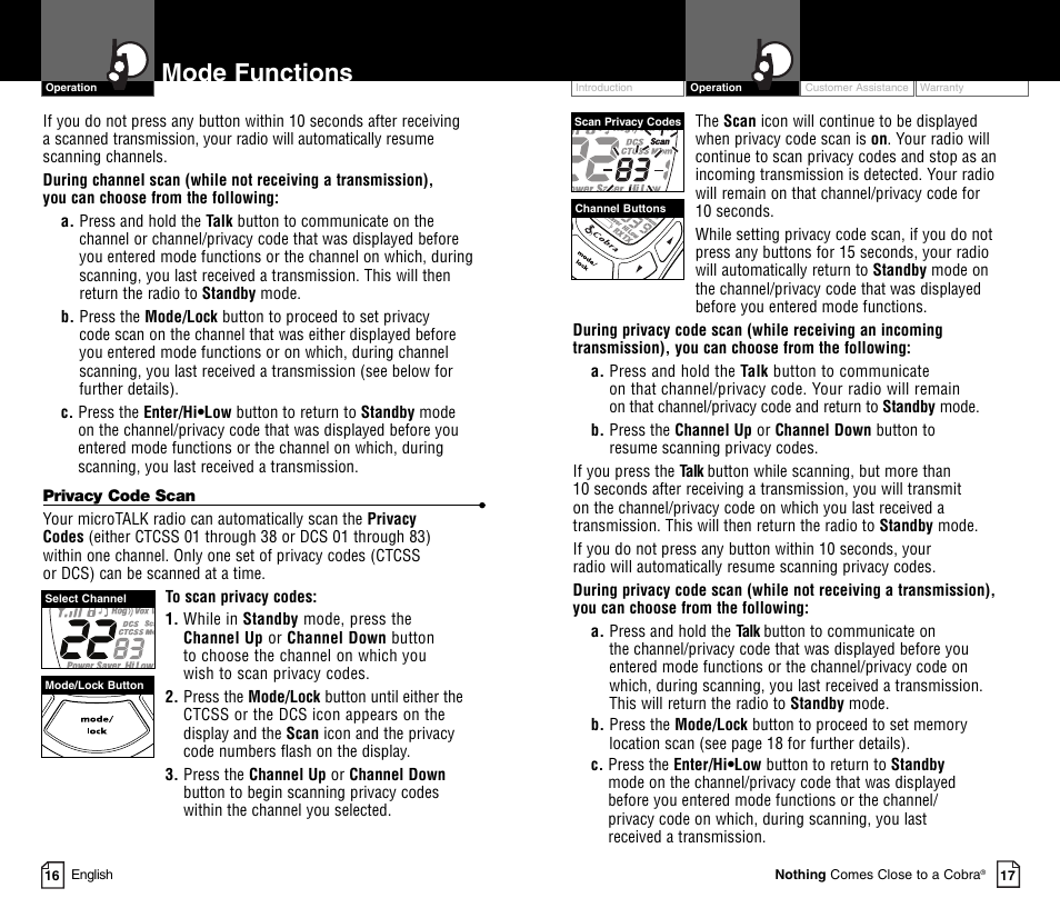 Mode functions | Cobra Electronics MICRO TALK CXT450C User Manual | Page 11 / 16