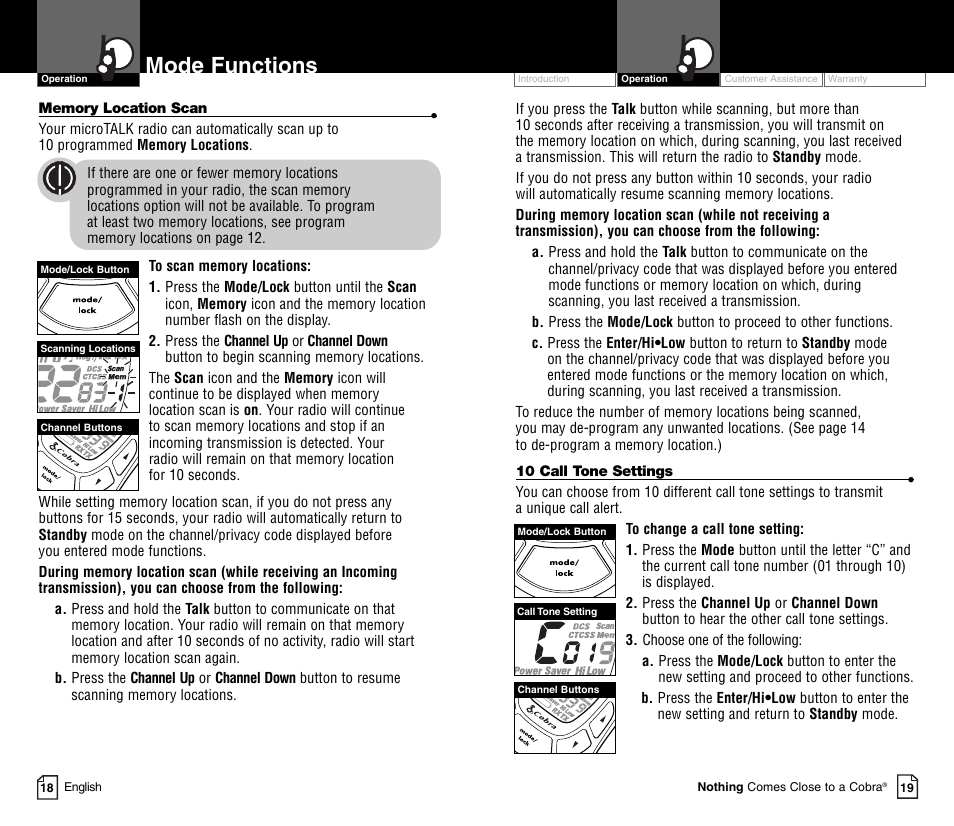 Mode functions | Cobra Electronics MICRO TALK CXT450C User Manual | Page 12 / 16