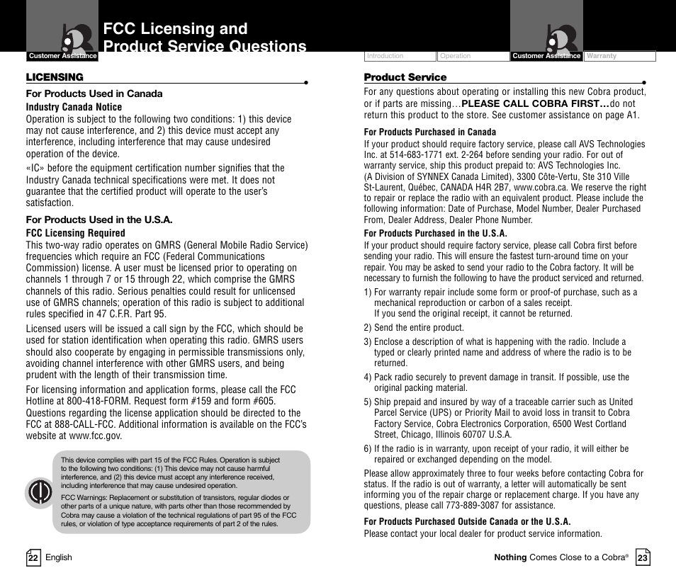 Fcc licensing and product service questions | Cobra Electronics MICRO TALK CXT450C User Manual | Page 14 / 16
