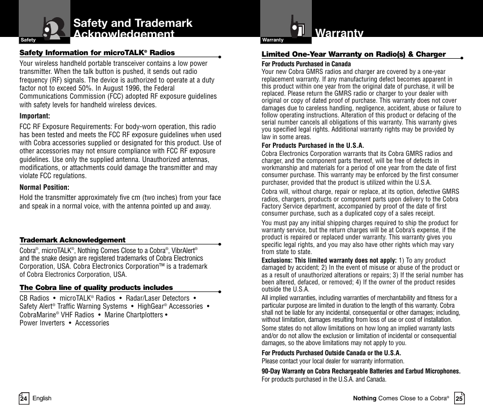 Safety and trademark acknowledgement, Warranty | Cobra Electronics MICRO TALK CXT450C User Manual | Page 15 / 16