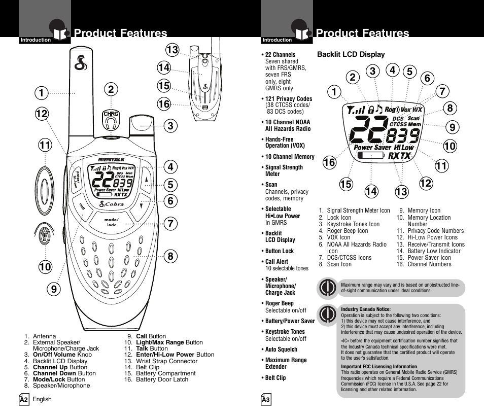 Product features | Cobra Electronics MICRO TALK CXT450C User Manual | Page 2 / 16