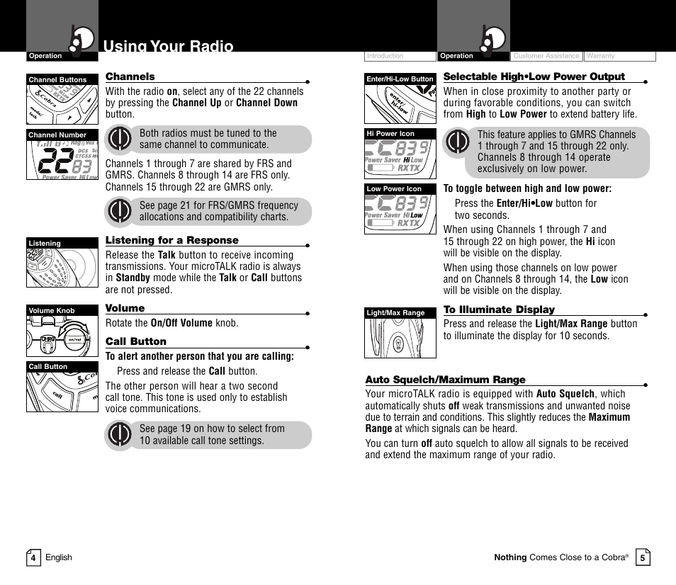 Using your radio | Cobra Electronics MICRO TALK CXT450C User Manual | Page 5 / 16