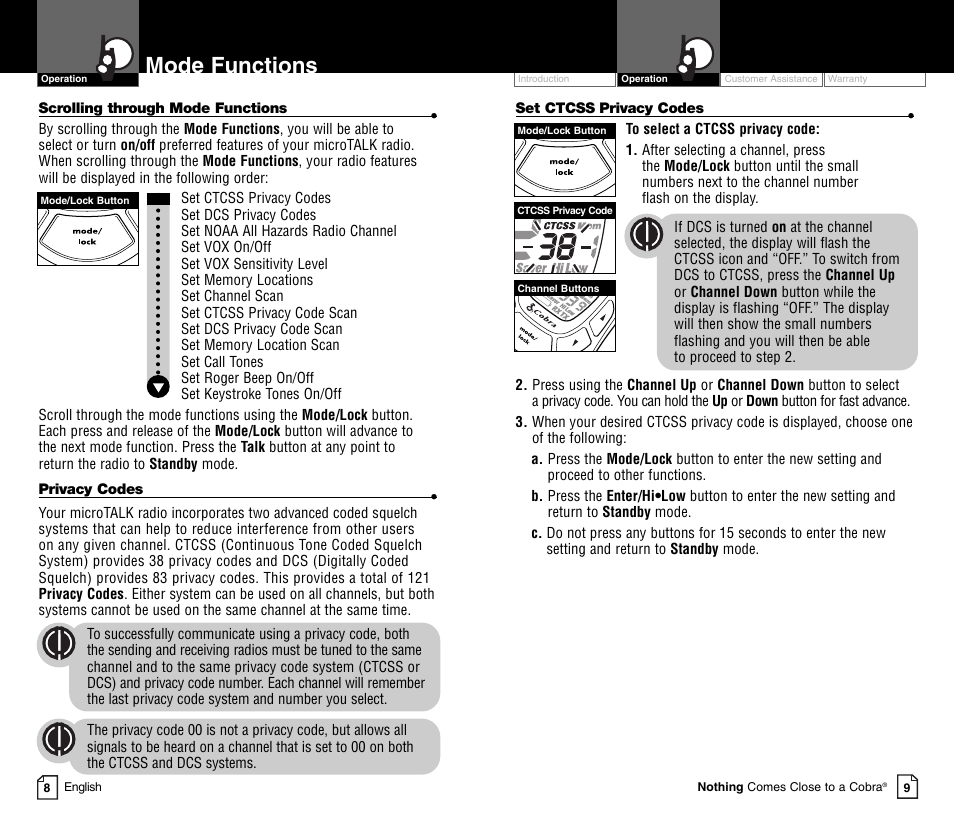 Mode functions | Cobra Electronics MICRO TALK CXT450C User Manual | Page 7 / 16