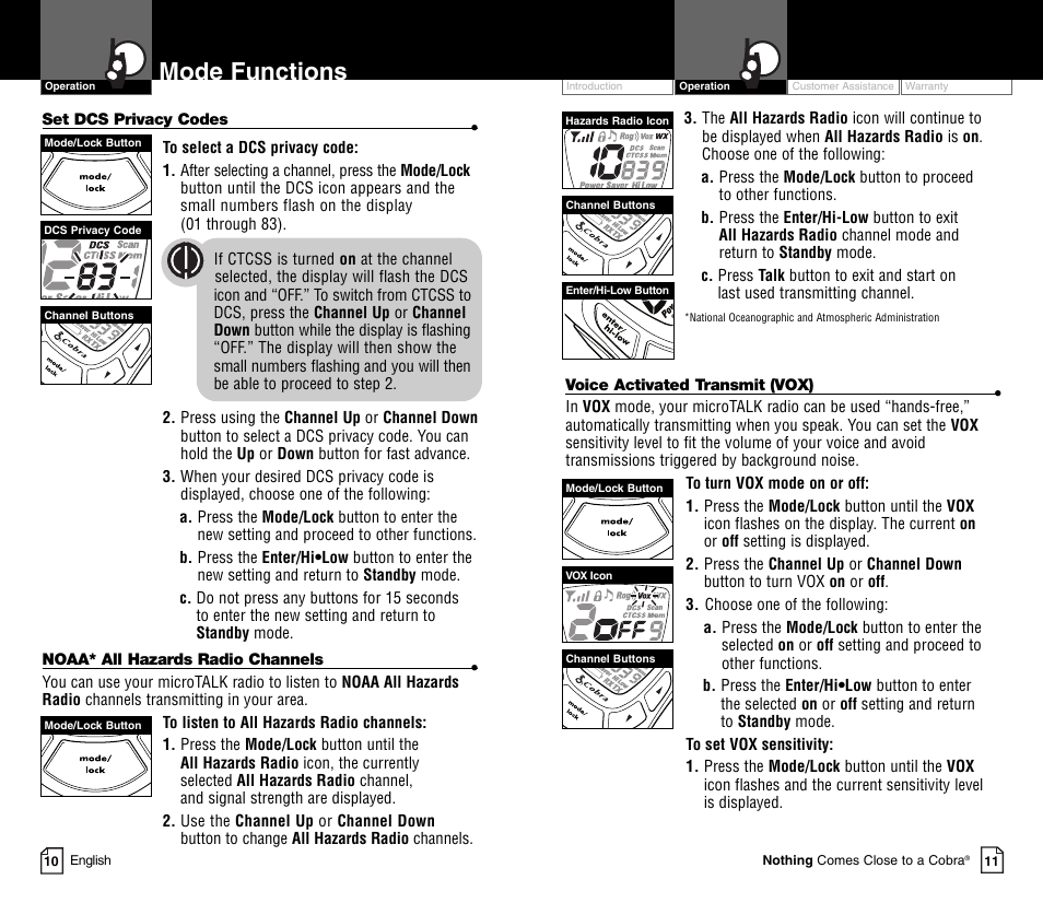 Mode functions | Cobra Electronics MICRO TALK CXT450C User Manual | Page 8 / 16