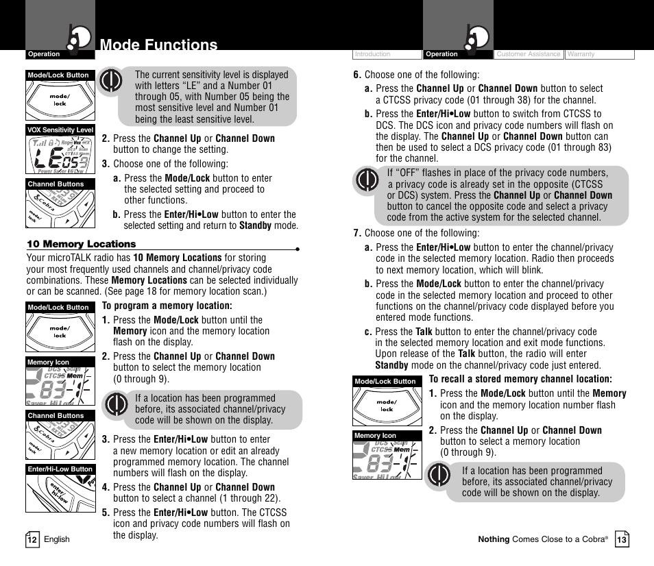 Mode functions | Cobra Electronics MICRO TALK CXT450C User Manual | Page 9 / 16