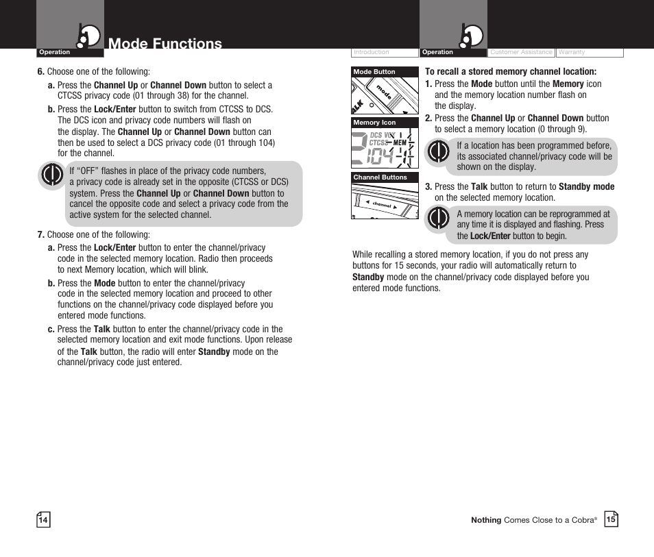 Mode functions | Cobra Electronics CXR725 User Manual | Page 10 / 17