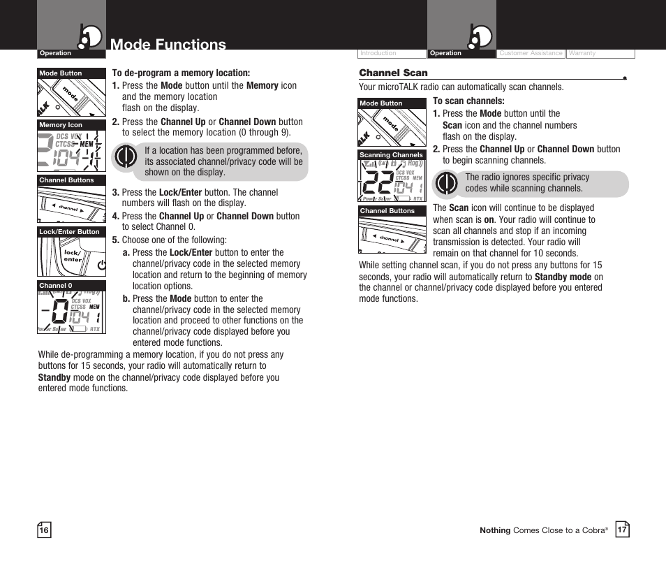 Mode functions | Cobra Electronics CXR725 User Manual | Page 11 / 17