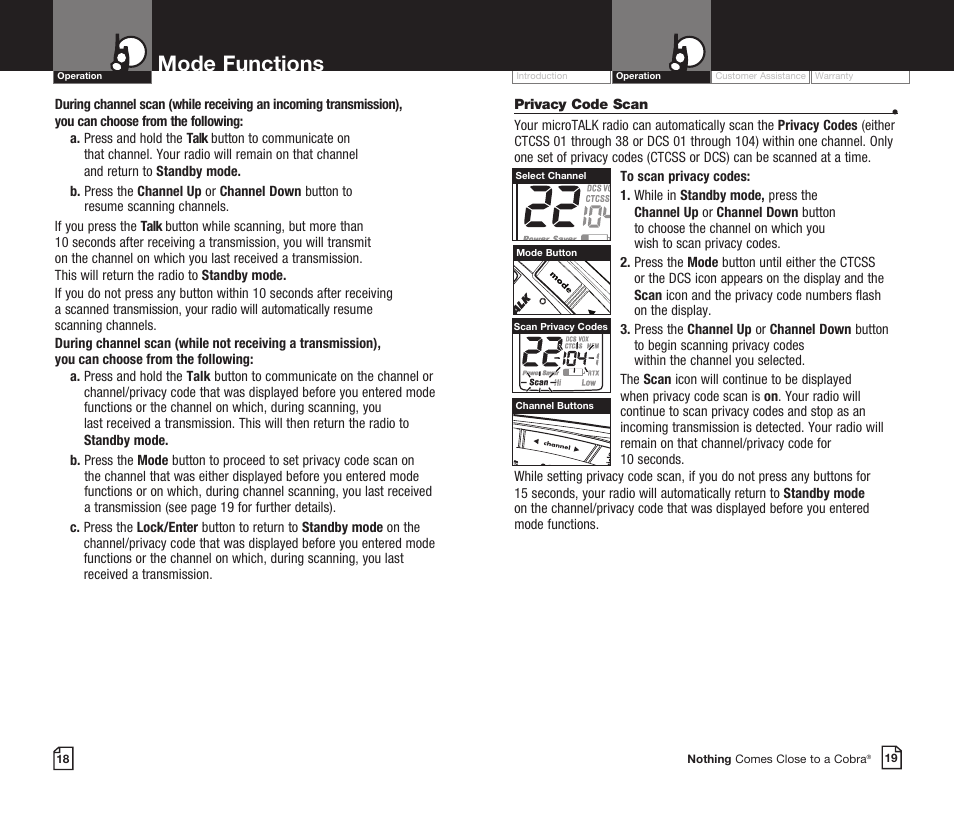 Mode functions | Cobra Electronics CXR725 User Manual | Page 12 / 17