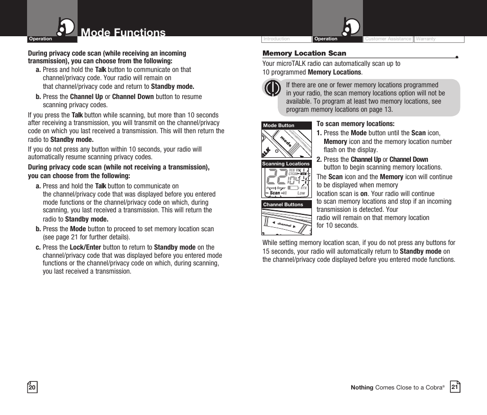 Mode functions | Cobra Electronics CXR725 User Manual | Page 13 / 17