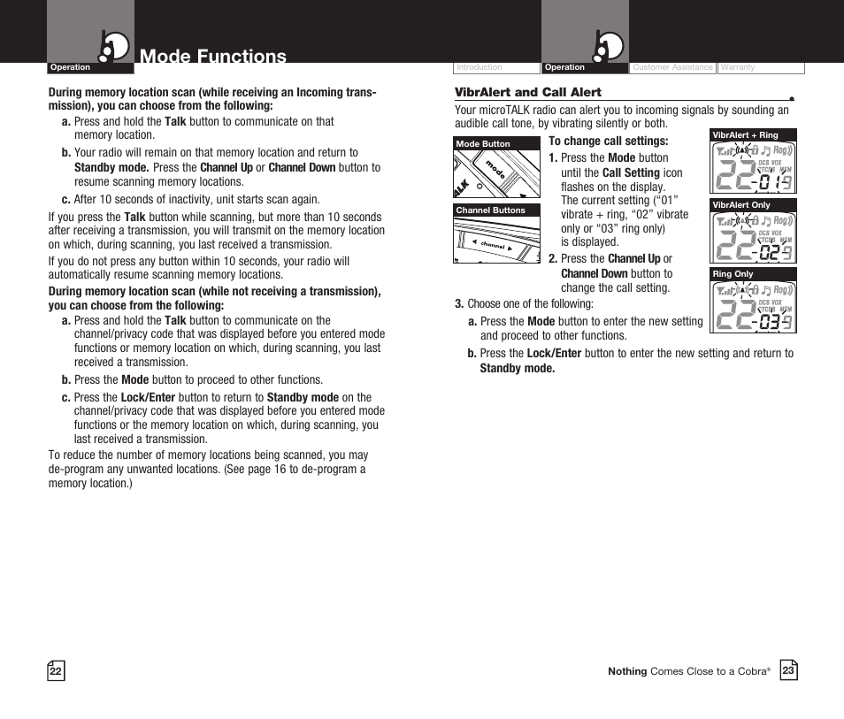 Mode functions | Cobra Electronics CXR725 User Manual | Page 14 / 17