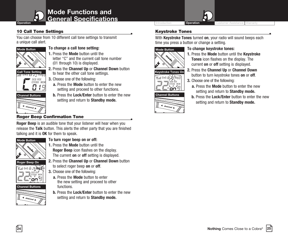 Mode functions and general specifications | Cobra Electronics CXR725 User Manual | Page 15 / 17