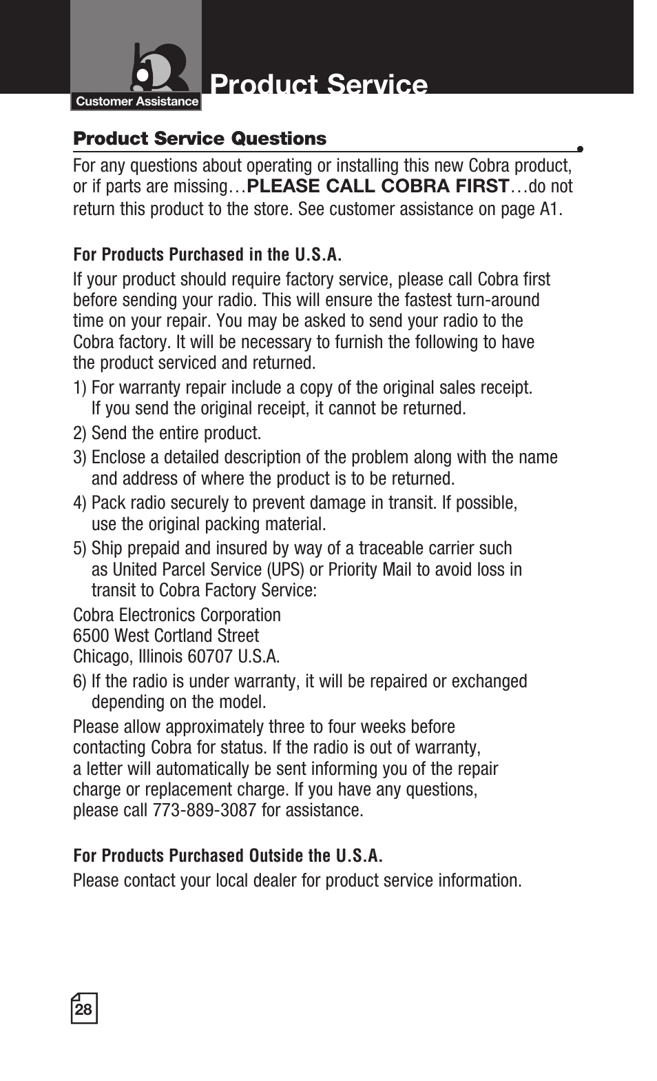 Product service | Cobra Electronics CXR725 User Manual | Page 17 / 17